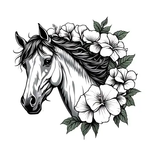 A Detailed Blackwork Tattoo Of A Majestic Horse Surrounded By Morning Glory And Gardenias