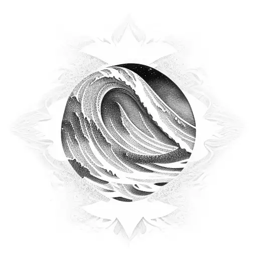 An Intricate Blackwork Tattoo Of An Ocean Wave Crashing Under A Radiant Sunshine
