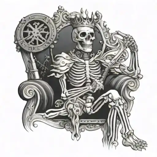 Tattoo Of A Skeleton King With A Crown Sitting In A Throne Holding A Sword