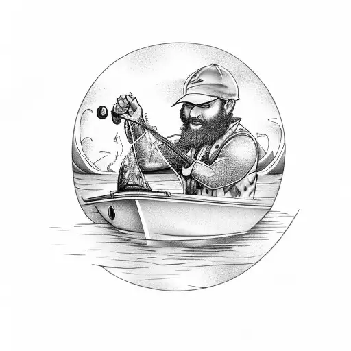 A Fisherman On A Boat Grilling Fish On A Barbecue While Surrounded By A Sea Of Flames