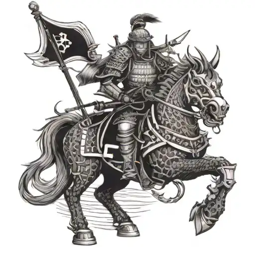 Samurai In Armor Instead Of A Head With A Skull And A Dragon