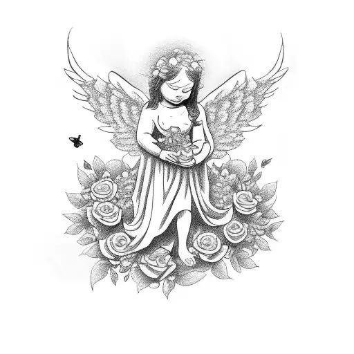 A Tattoo Of An Angel With Roses In Its Hands
