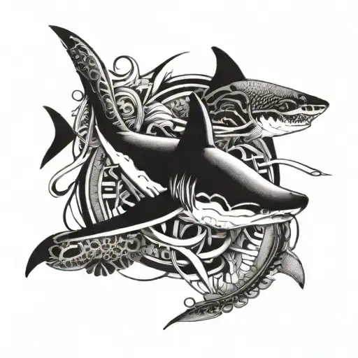 Polynesia Shark And Turtle With Line Edging On Thigh