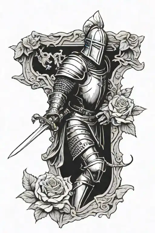 English Knight Holding Sword Going Vertical Through A Boulder And A Rose And The Botten