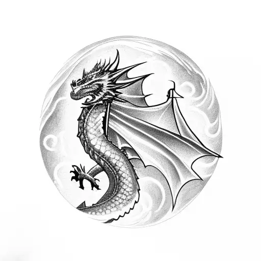 A Majestic Dragon Rising From A Sea Of Fire At Dusk