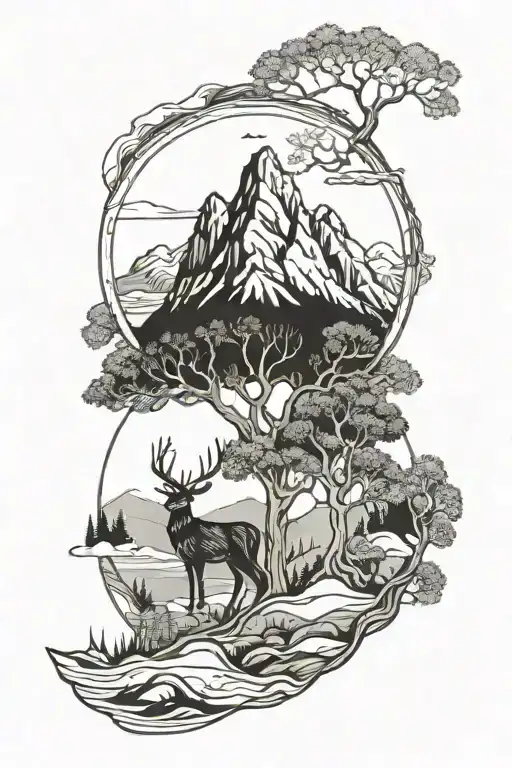 Dears With Tree And Mountains