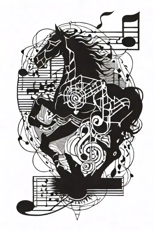 A Geometric Design Incorporating Musical Notes And Horse Silhouettes