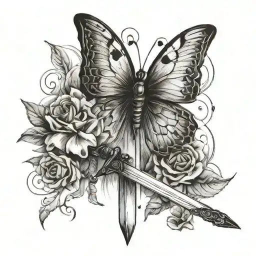 A Tattoo With A Sword And A Butterfly With Burnt Wings
