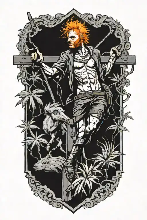 Man With Orange Hair And Blistered Face Riding Collared Peccary On A Crucifix With A Gun In Jungle