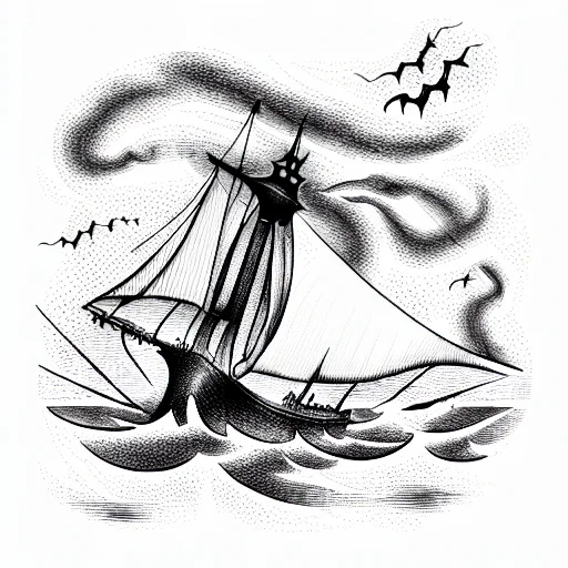 Man-of-war Ship In Dark Stormy Seas With Huge Grim Reaper In The Water