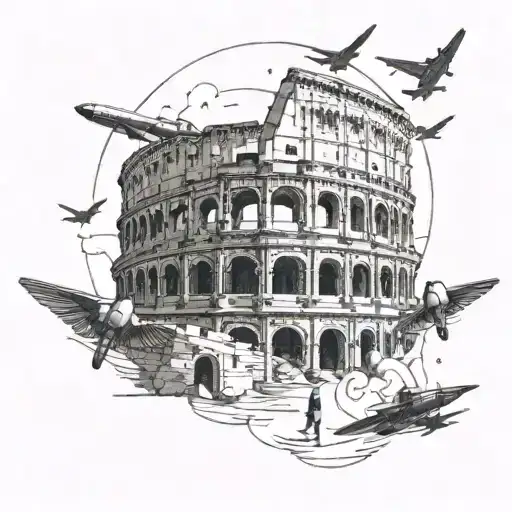 A Surreal Scene Of A Person Walking Through A Roman Colosseum With Airplanes Circling Above