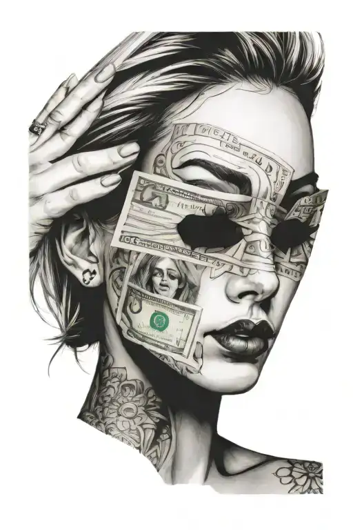 Female Face With A 100 Dollar Bill Bandage Covering Her Eyes