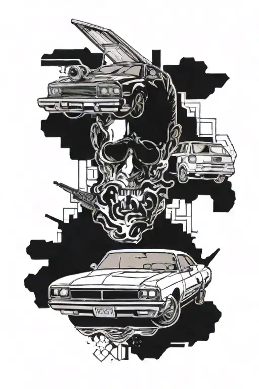 A Fusion Of Jdm Car Elements And Scarface Imagery To Create A Unique Sleeve Tattoo Design