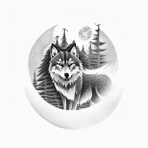 A Mystical Forest At Night With A Silhouette Of A Wolf Howling At The Moon