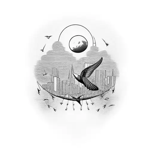 A Mesmerizing Sunset Over A City Skyline With Hummingbirds Flying Towards It