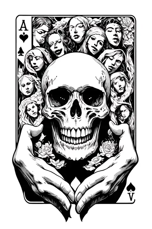 A Skull Holding Cards With The Seven Sins