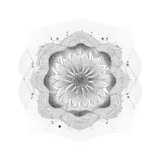 A Minimalist Blackwork Tattoo Of A Galaxy With A Single Flower Blooming In The Center