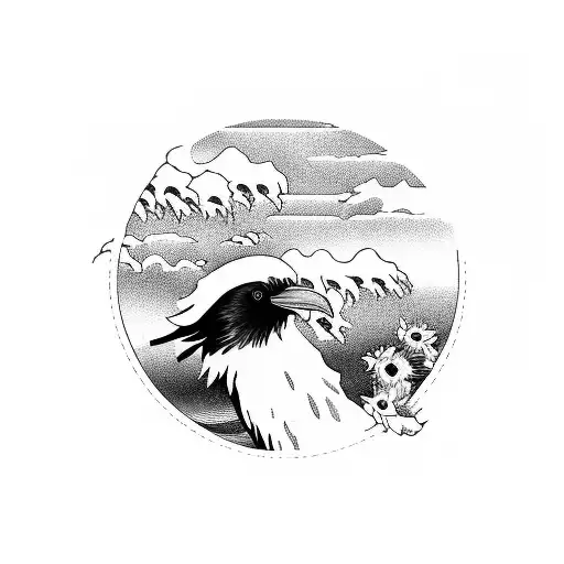 Japanese Waves And A Raven Holding A Sunflower In It's Beak