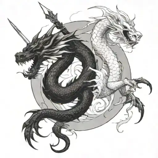 A Black Dragon And A White Dragon Spiraling Around A Spear