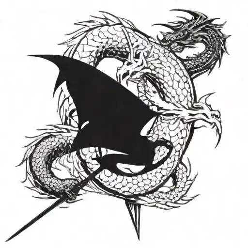 A Black Dragon And A White Dragon Spiraling Around A Spear