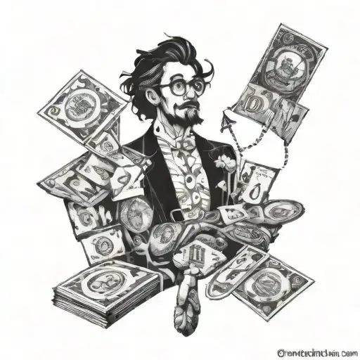 A Blackwork Tattoo Of A Hustling Entrepreneur Surrounded By Artistic Symbols And Money Motifs