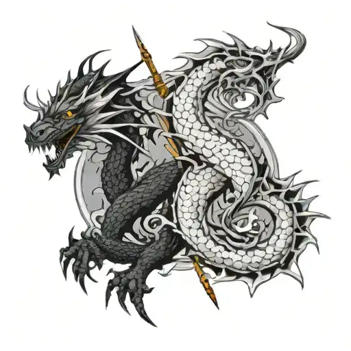 A Black Dragon And A White Dragon Spiraling Around A Spear