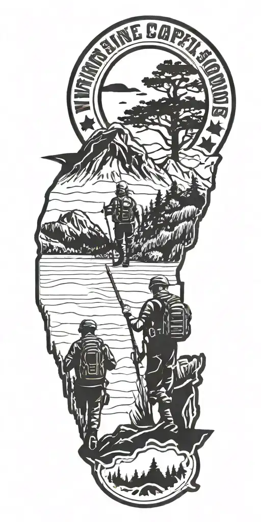 A Marine Corps Emblem With A Silhouette Of A Father And Son Hiking In The Background