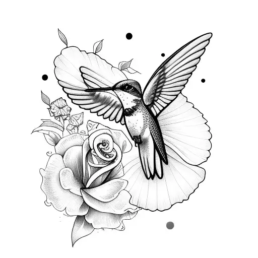 Hummingbird Sitting In A Hibiscus Flower Accented With Roses