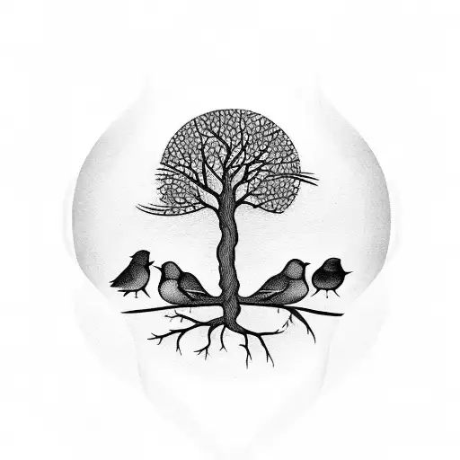 Tree With Birds And Sun