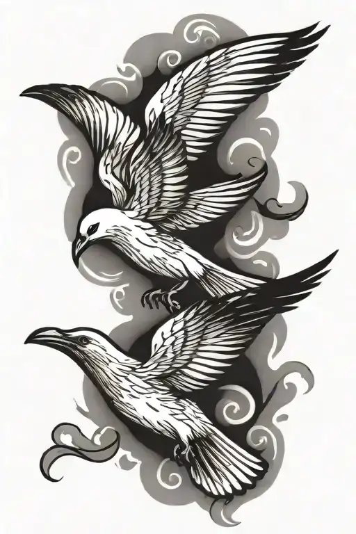 Flying Dove And Raven