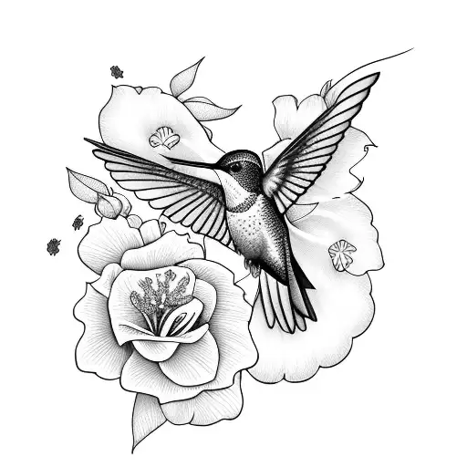 Hummingbird Surrounded By A Hibiscus Flower Accented With Roses