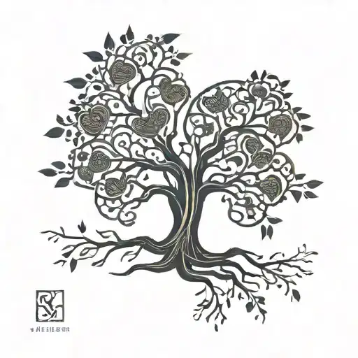 A Minimalist Tattoo Design Of A Family Tree Intertwined With A Heart Symbolizing Love And Freedom
