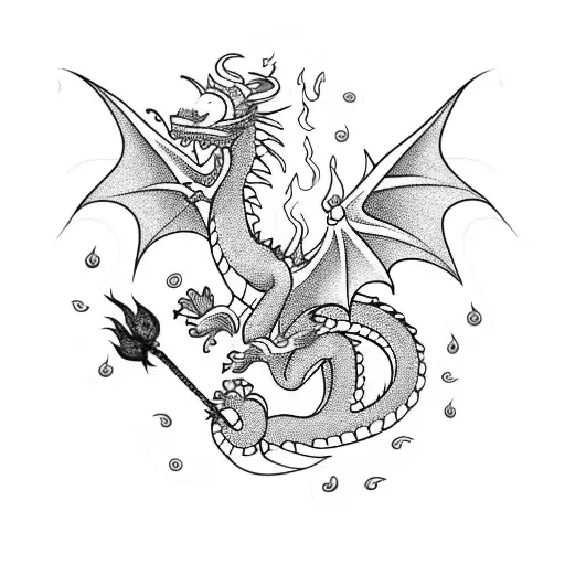 Dragon With Flowers And Fire And Leaves