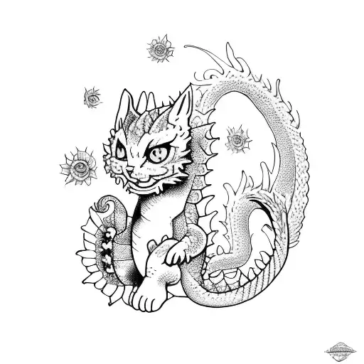 A Dragon And Kitten With Sunflower