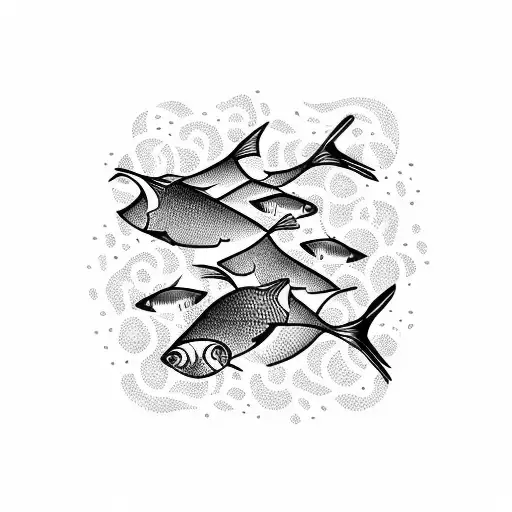 A Dotwork Tattoo Of A School Of Fish Swimming In A River Surrounded By Lush Greenery