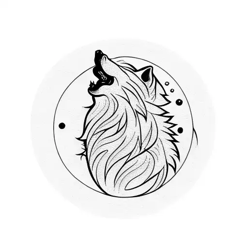 A Tribal-inspired Blackwork Tattoo Depicting A Wolf Howling At A Moon Made Of Electronic Components