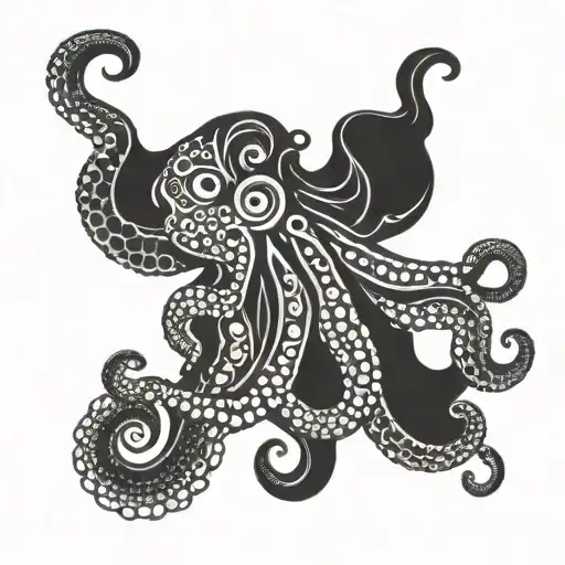 Psychedelic Octopus Playing With Kids In A Blackwork Style