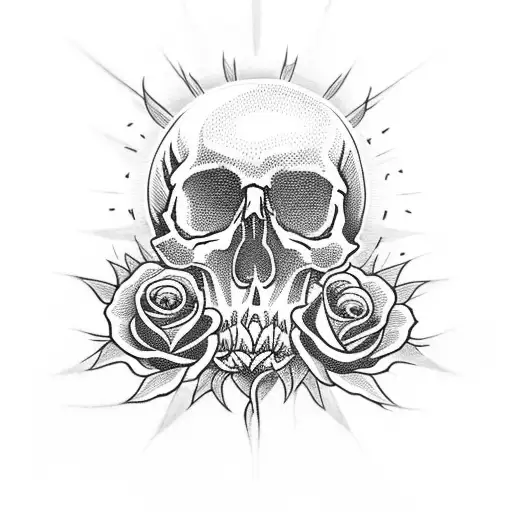 Skull With Cross And Flaming Roses