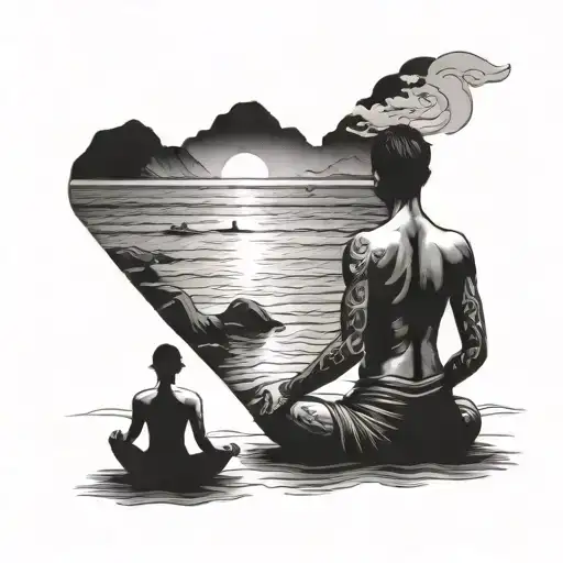 A Serene Beach Scene With A Meditating Figure In The Foreground