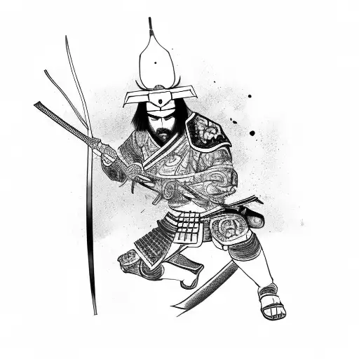 Wounded Kneeling Samurai Leaning On Katana From The Front