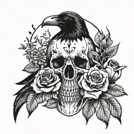 Raven And Flowers And Skull