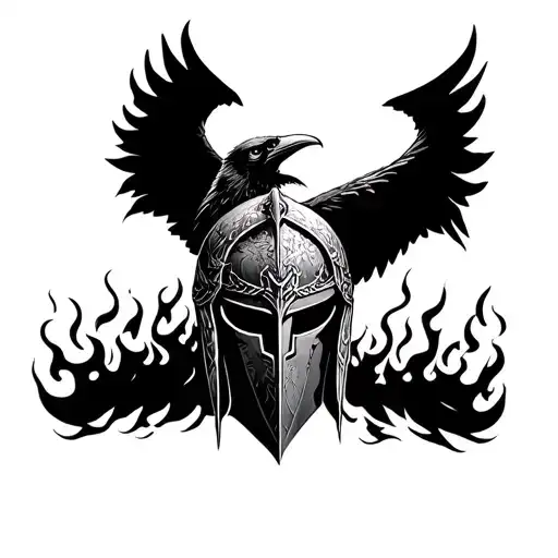 Raven On Spartan Helmet Engulfed In Flames