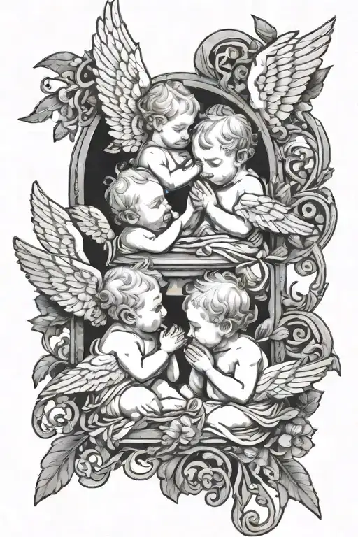Baby Angels Praying With Doves Around Them In A Roman Syle