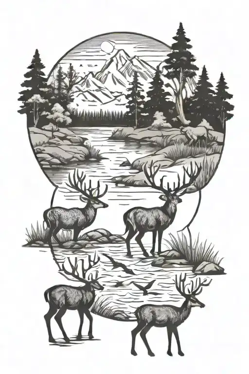 Forrest Scene With Mountans River Deer Ducks And Salmon