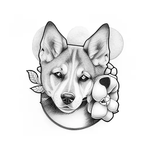 A Heartwarming Blackwork Tattoo Of A Dog Cuddling With An Anime Girl