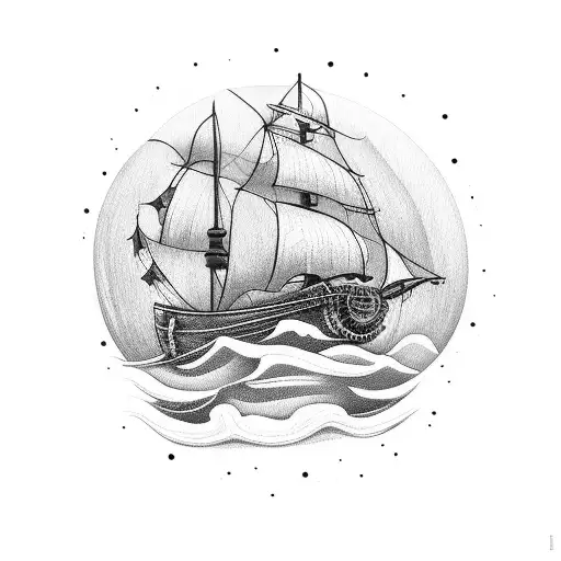 Wooden Ship With Kraken In Bad Storm Headed To Lighthouse