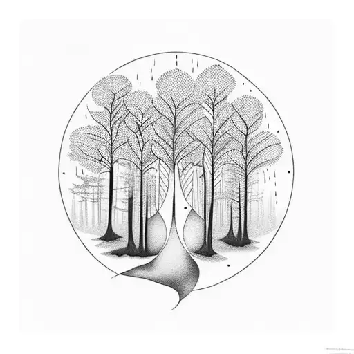 A Blackwork Tattoo Of A Serene Forest With Musical Notes Intertwined In The Trees