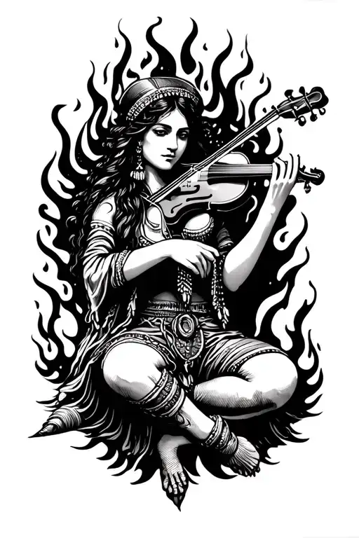 Gypsy Playing Fiddle By Fire