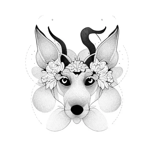 A Blackwork Tattoo Of A Pincher Dog Surrounded By Floral Elements