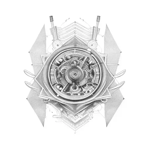 An Intricate Blackwork Design Combining Musical Instruments And Car Engine Parts